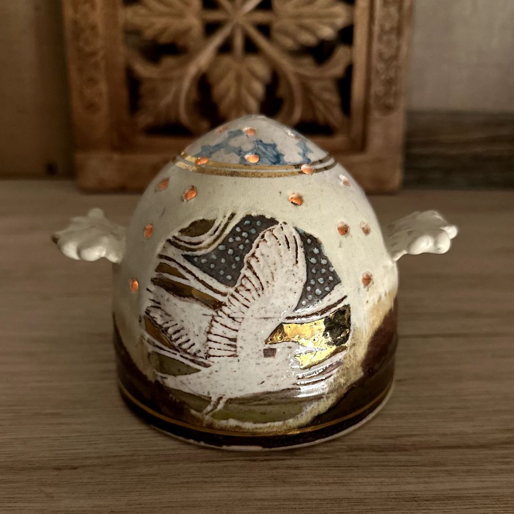 Unique Ceramic White Clay Tea-light Candle Holder Artisan Pottery Signed 4" H